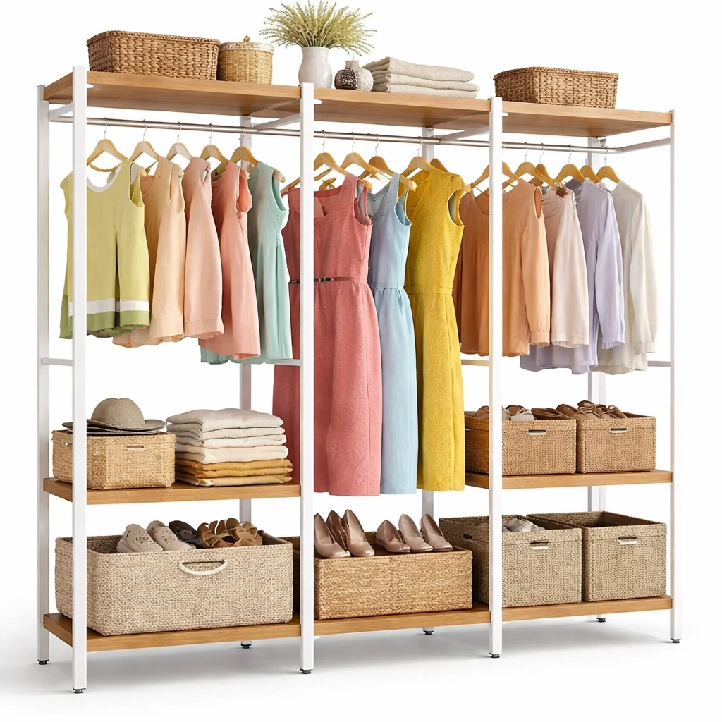 Offenes Kleidersystem Naturholz mit Regalen-roomaroa