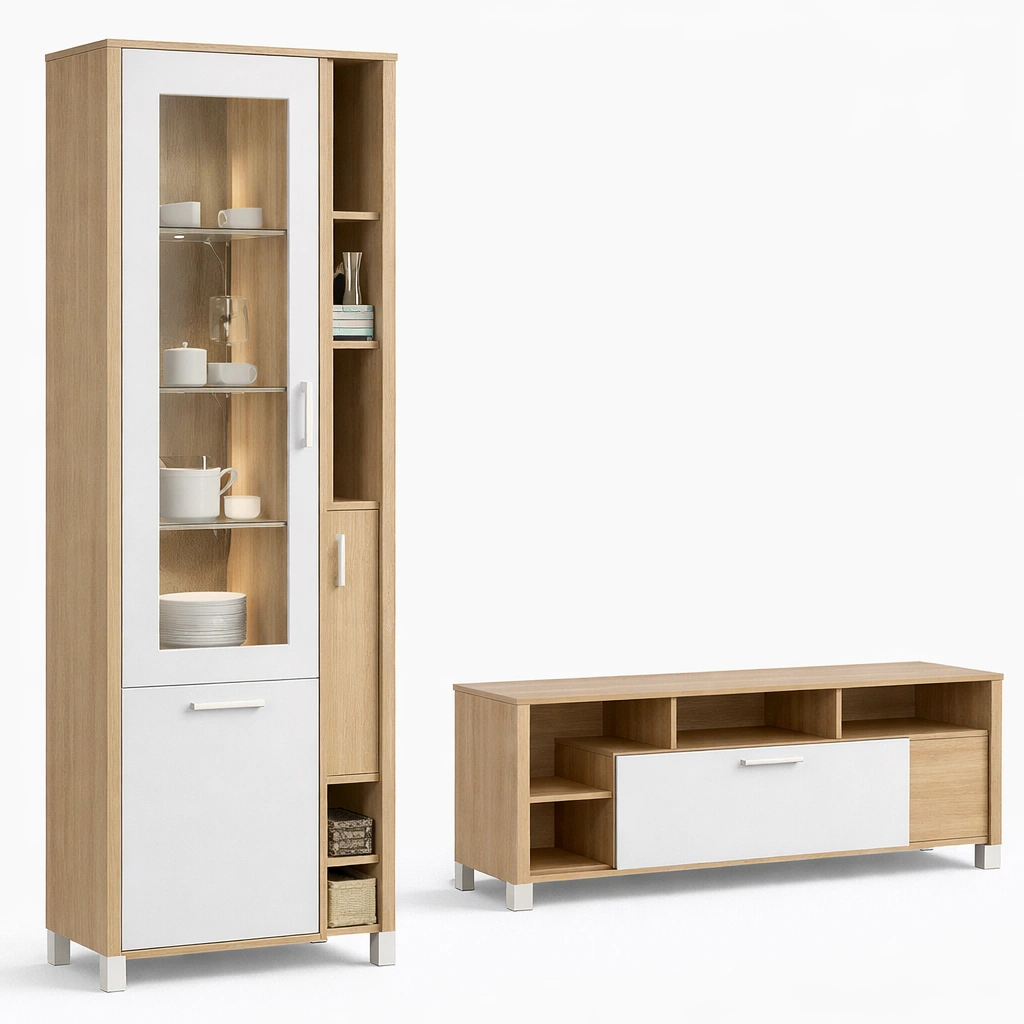 Wohnwand Set Holzoptik mit Vitrine und Lowboard-roomaroa