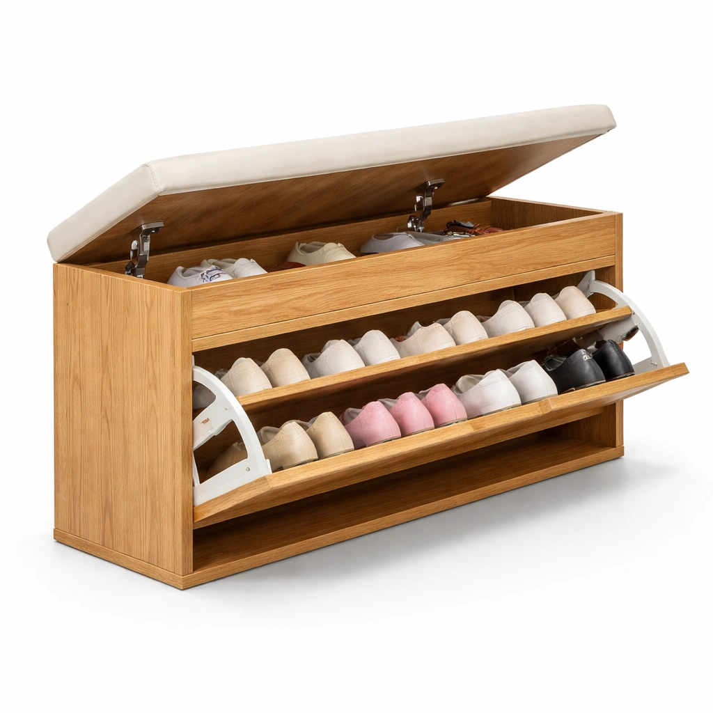Schuhbank Naturholz mit Klappdeckel und Schuhablage-roomaroa