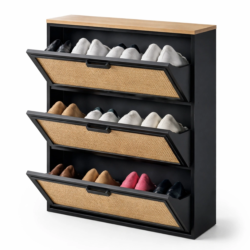 Schuhkipper Schwarz mit 3 Klappen und Stauraum-roomaroa