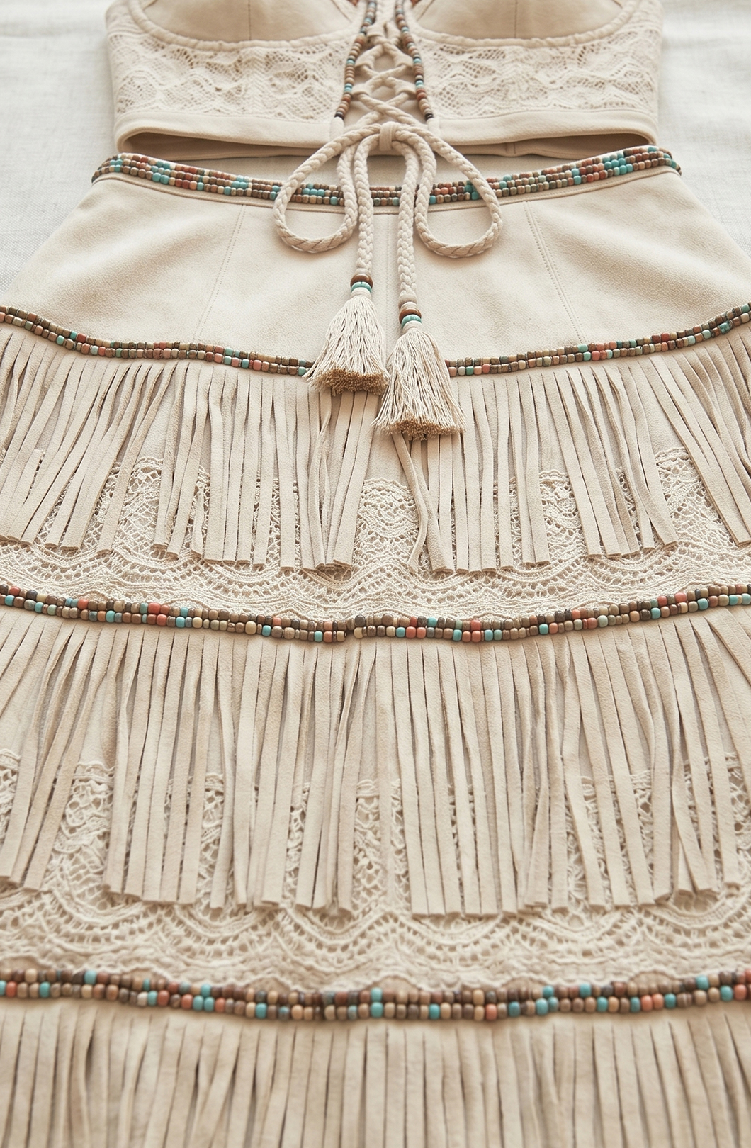 Boho Lace Patchwork Crop Top & Tiered Fringe Mini Skirt Two-Piece Set