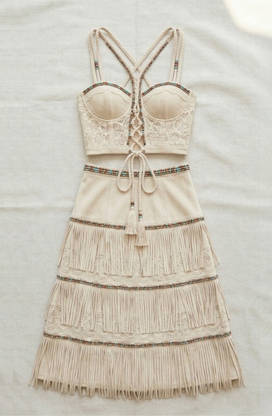 Boho Lace Patchwork Crop Top & Tiered Fringe Mini Skirt Two-Piece Set