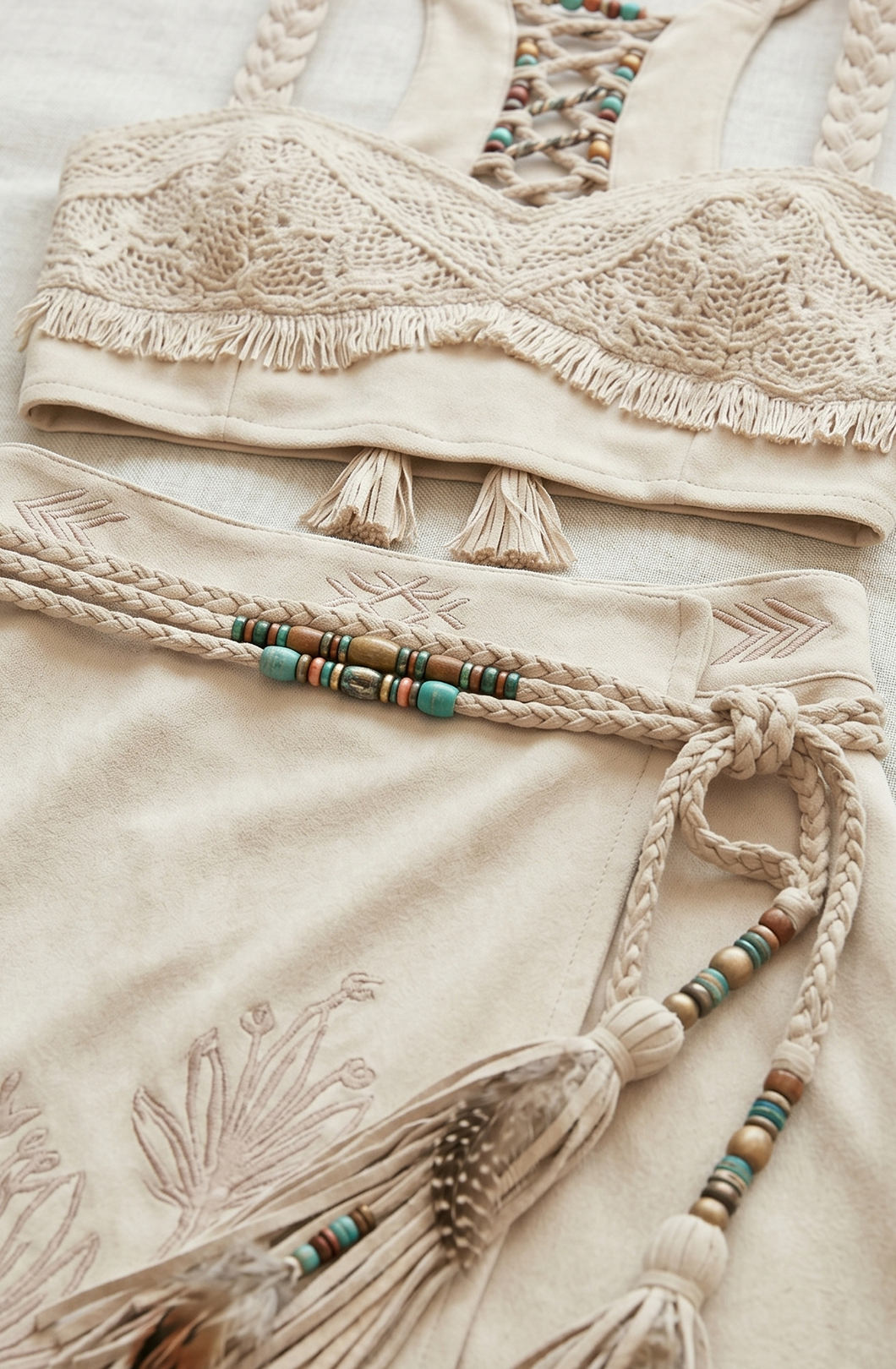 Boho Lace Patchwork Bustier Top & Embroidered Asymmetrical Wrap Skirt Two-Piece Set
