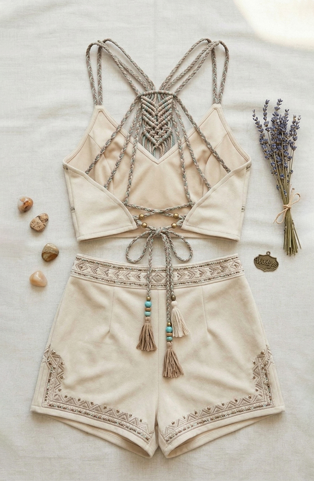 Boho Macrame Backless Crop Top & Embroidered High-Waist Shorts Two-Piece Set