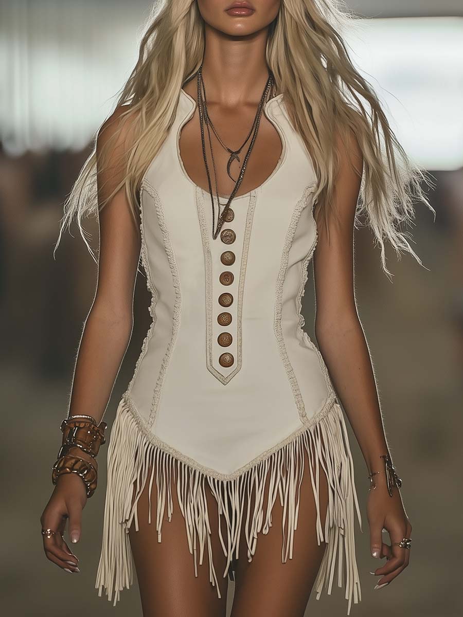  Elegant Western Chic Round Neck White Tassel Mini Dress