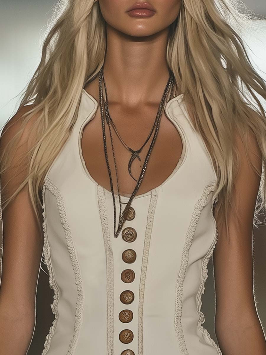  Elegant Western Chic Round Neck White Tassel Mini Dress