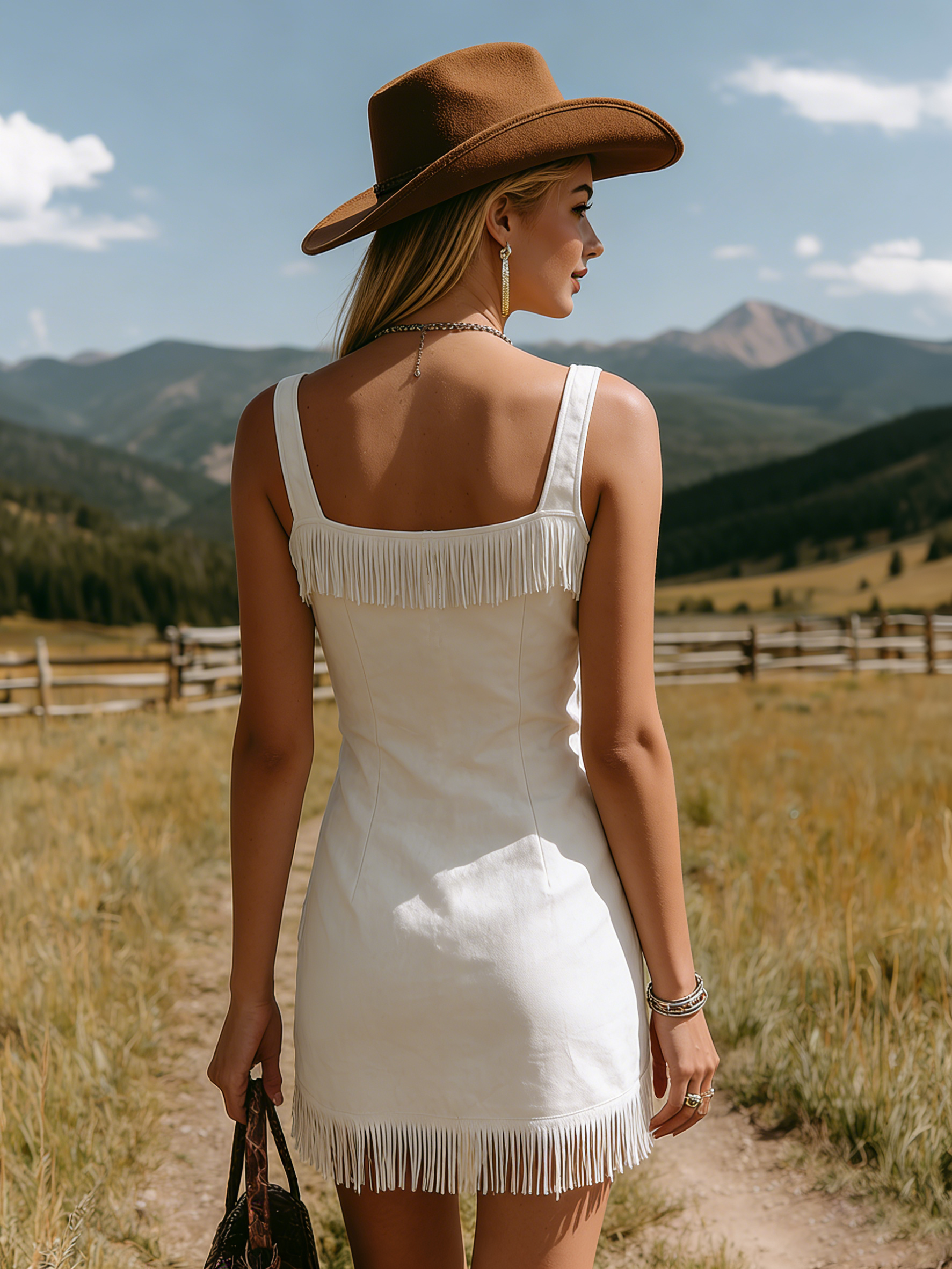 Bohemian-Style V-Neck Tassel Sleeveless Solid-Color Faux Suede Mini Dress