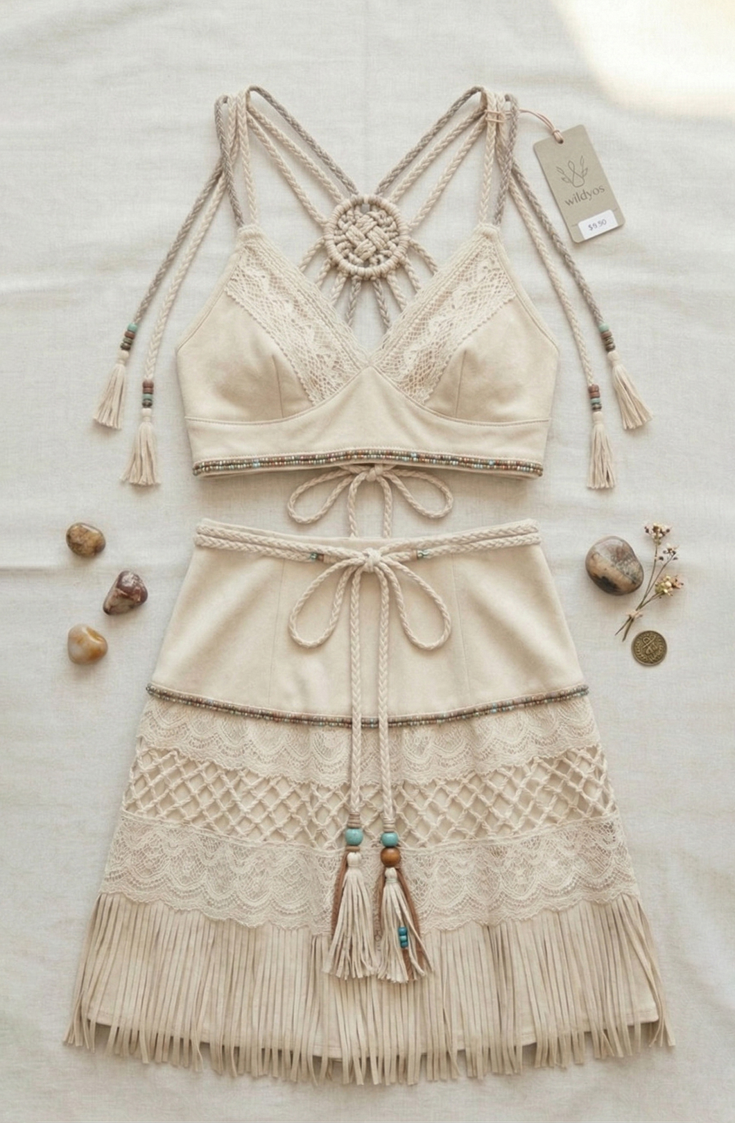 Southwestern Hand-Knot Macrame Top With Beaded Lace Patchwork Fringe Skirt Outfit