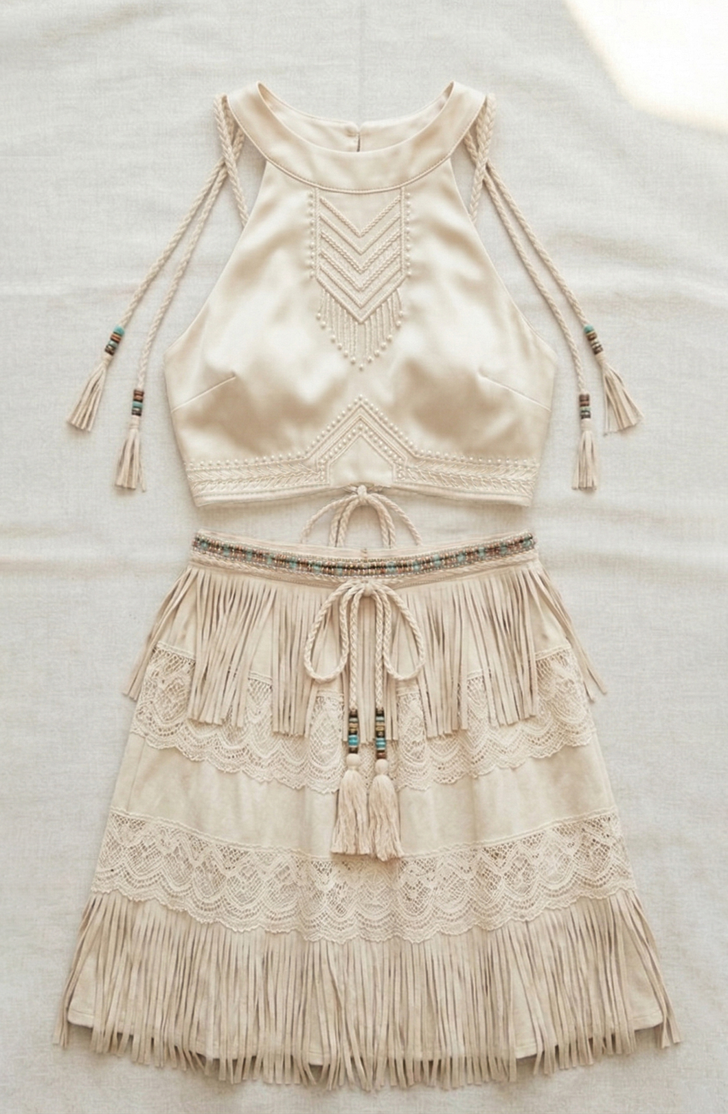 Boho Halter Crop Top & Tiered Lace Fringe Mini Skirt Two-Piece Set