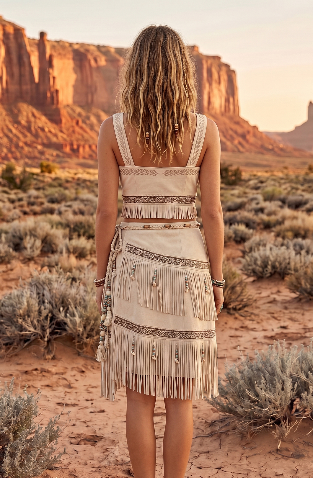 Boho Faux Suede Two-Piece Set: Tribal Embroidered Crop Top & Tiered Fringe Wrap Skirt