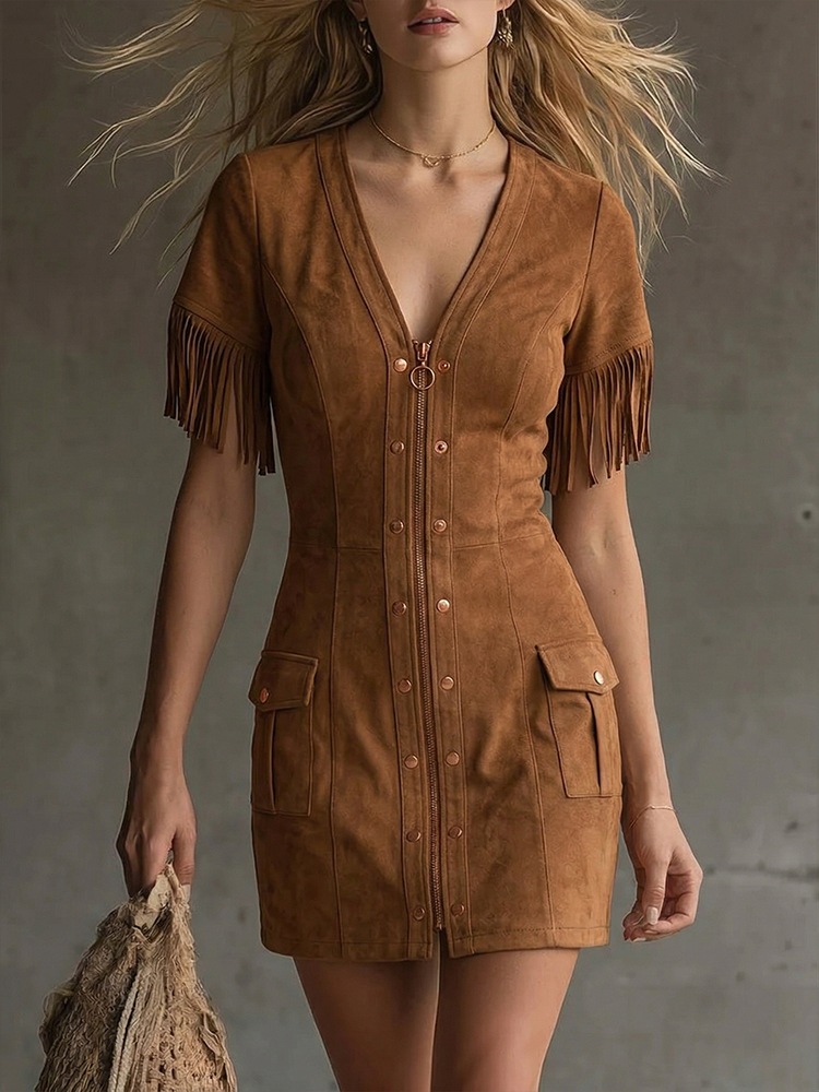 Elegant Western-Style Fringed Mini Dress Faux Suede