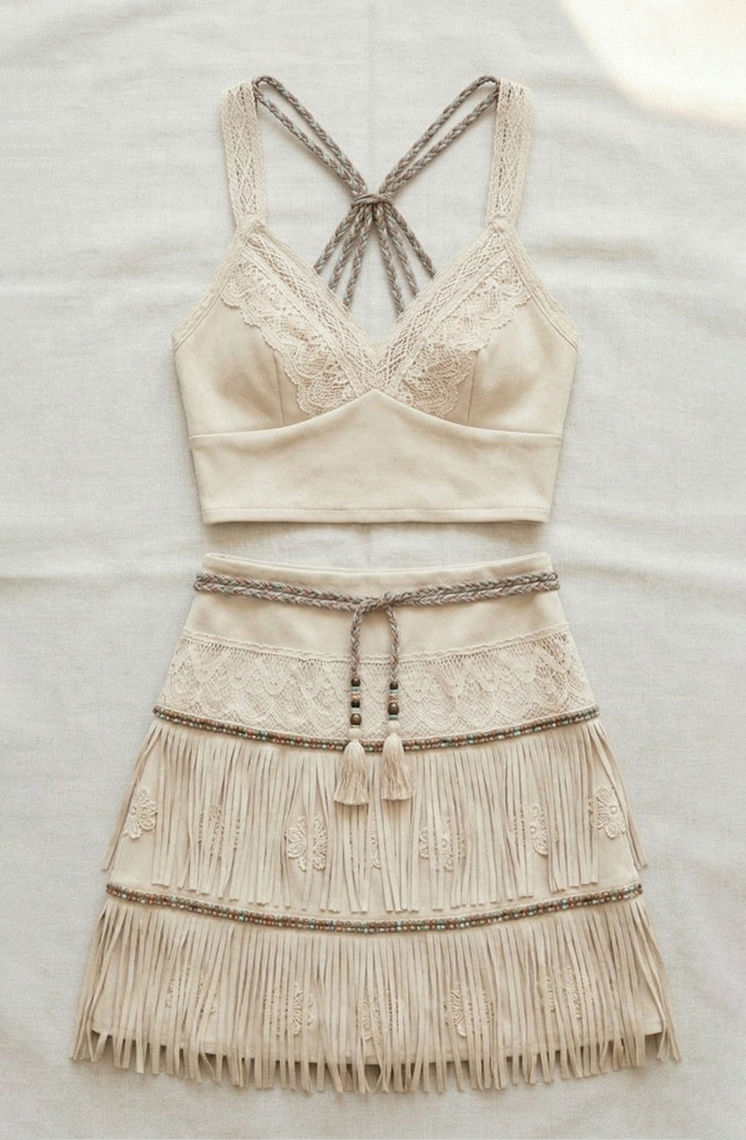 Boho Lace Patchwork Crop Top & Tiered Fringe Mini Skirt Two-Piece Set