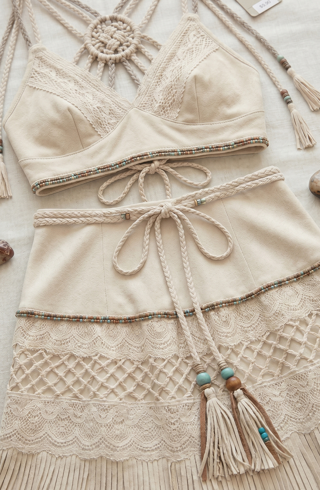Southwestern Hand-Knot Macrame Top With Beaded Lace Patchwork Fringe Skirt Outfit