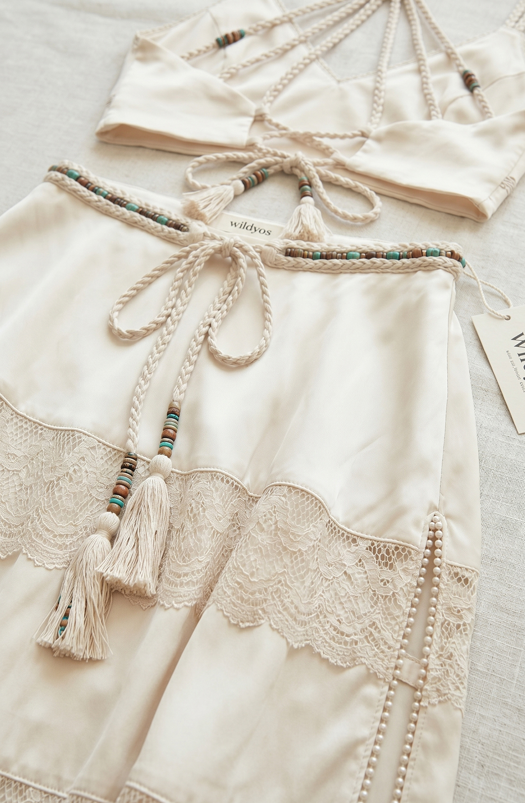 Boho Macrame Starburst Crop Top & Tiered Lace Patchwork Maxi Skirt Two-Piece Set
