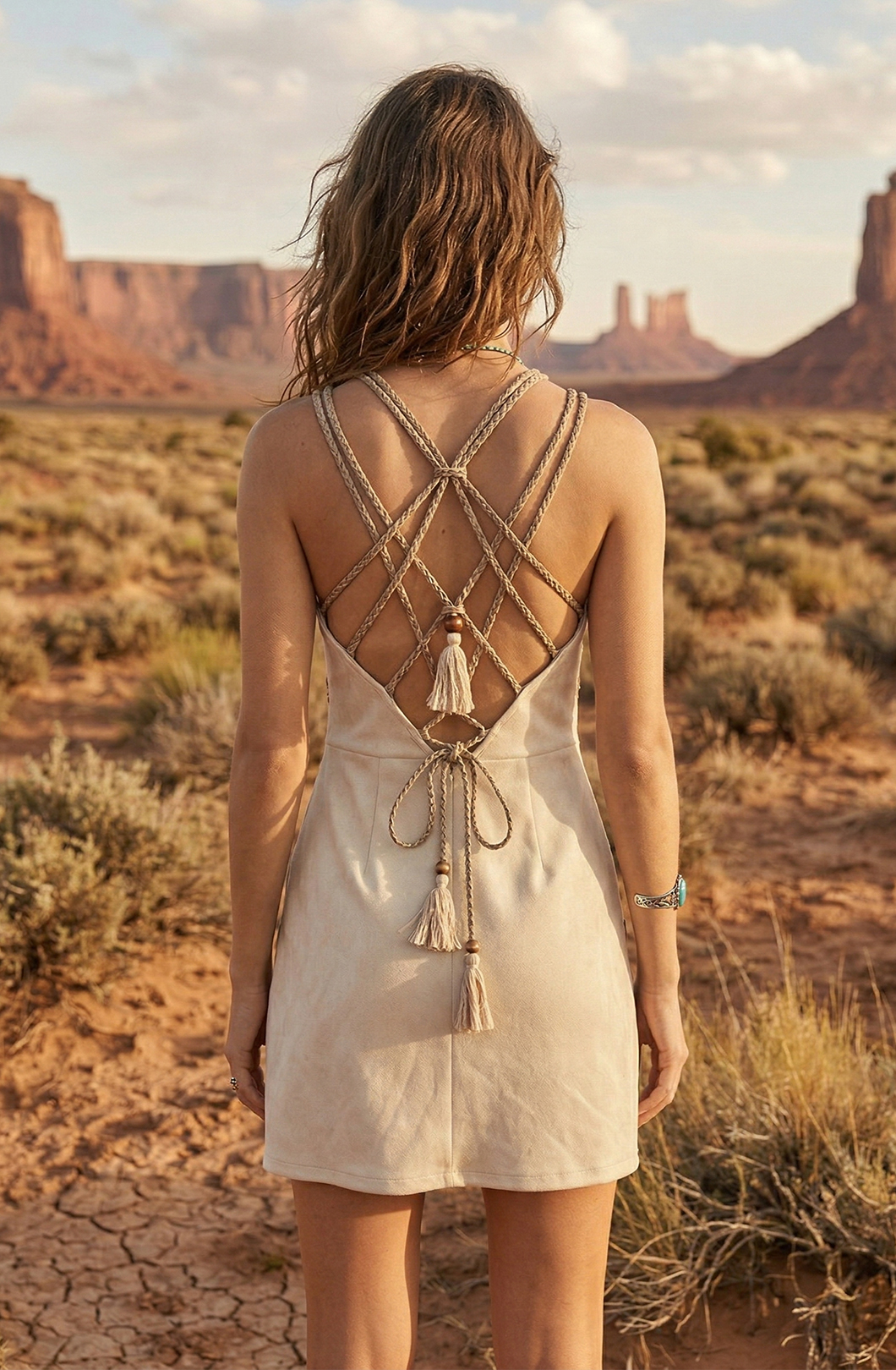 Cotton Blend Boho Cross-Strap Mini Dress With Tassel Detail