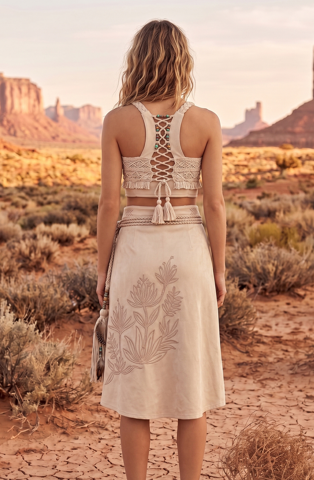 Boho Lace Patchwork Bustier Top & Embroidered Asymmetrical Wrap Skirt Two-Piece Set