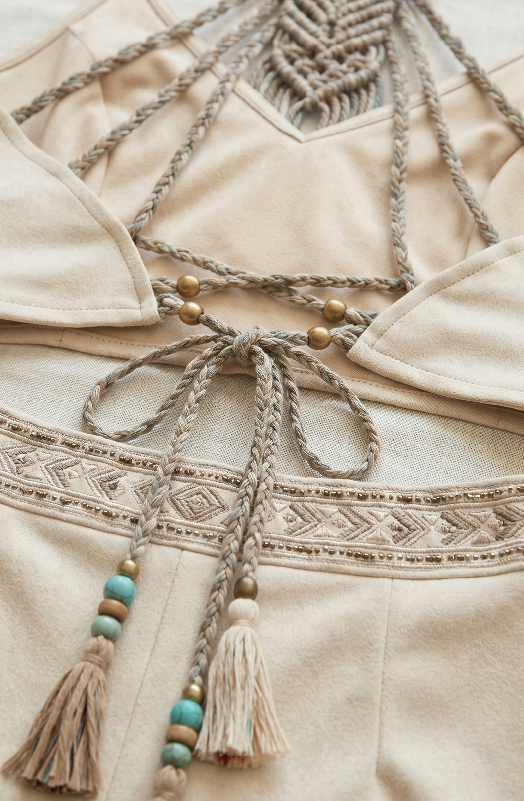 Boho Macrame Backless Crop Top & Embroidered High-Waist Shorts Two-Piece Set