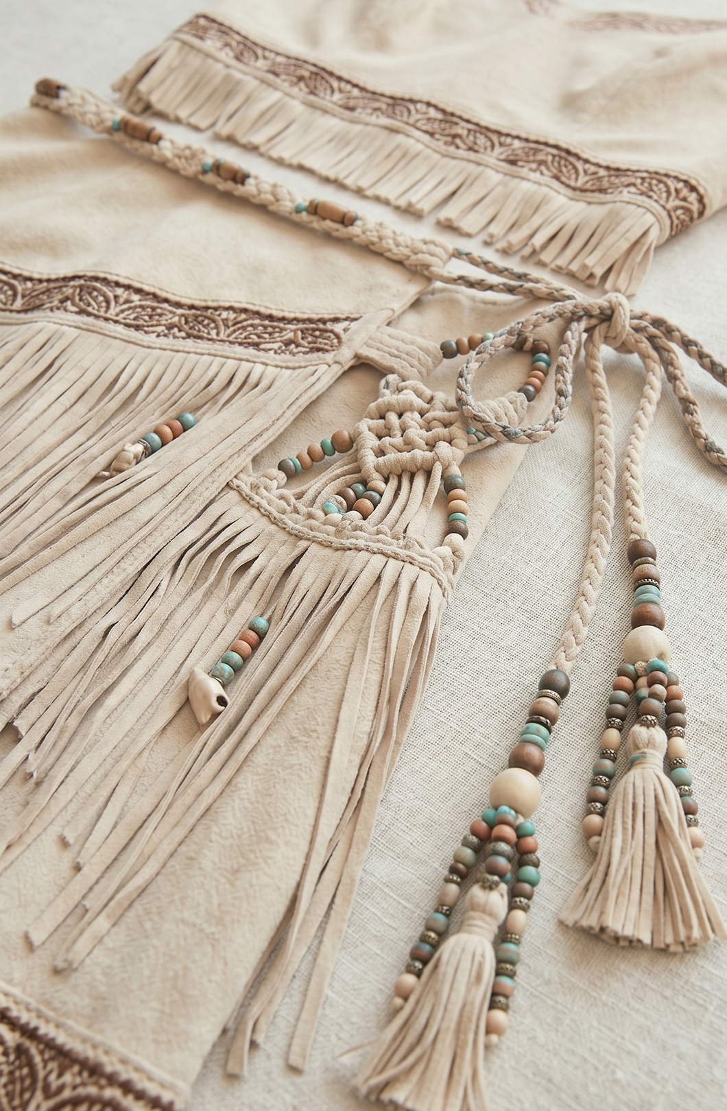 Boho Faux Suede Two-Piece Set: Tribal Embroidered Crop Top & Tiered Fringe Wrap Skirt