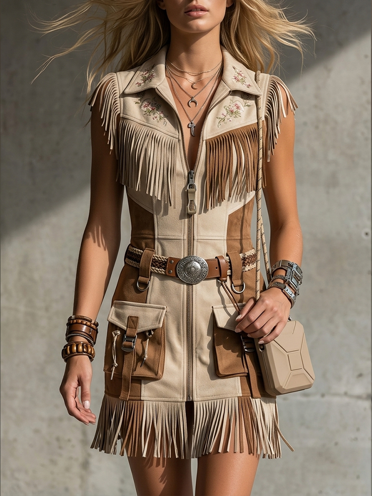 Elegant Western-Style Mid-Length Faux Suede Functional Dress With Fringes