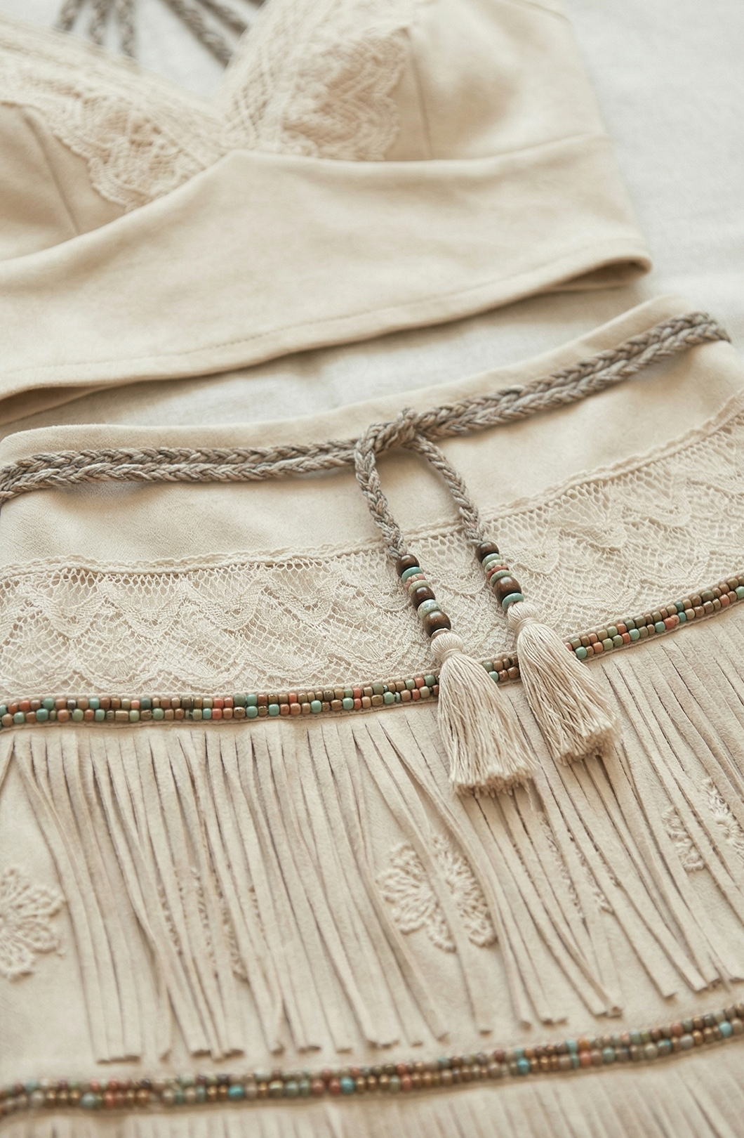 Boho Lace Patchwork Crop Top & Tiered Fringe Mini Skirt Two-Piece Set