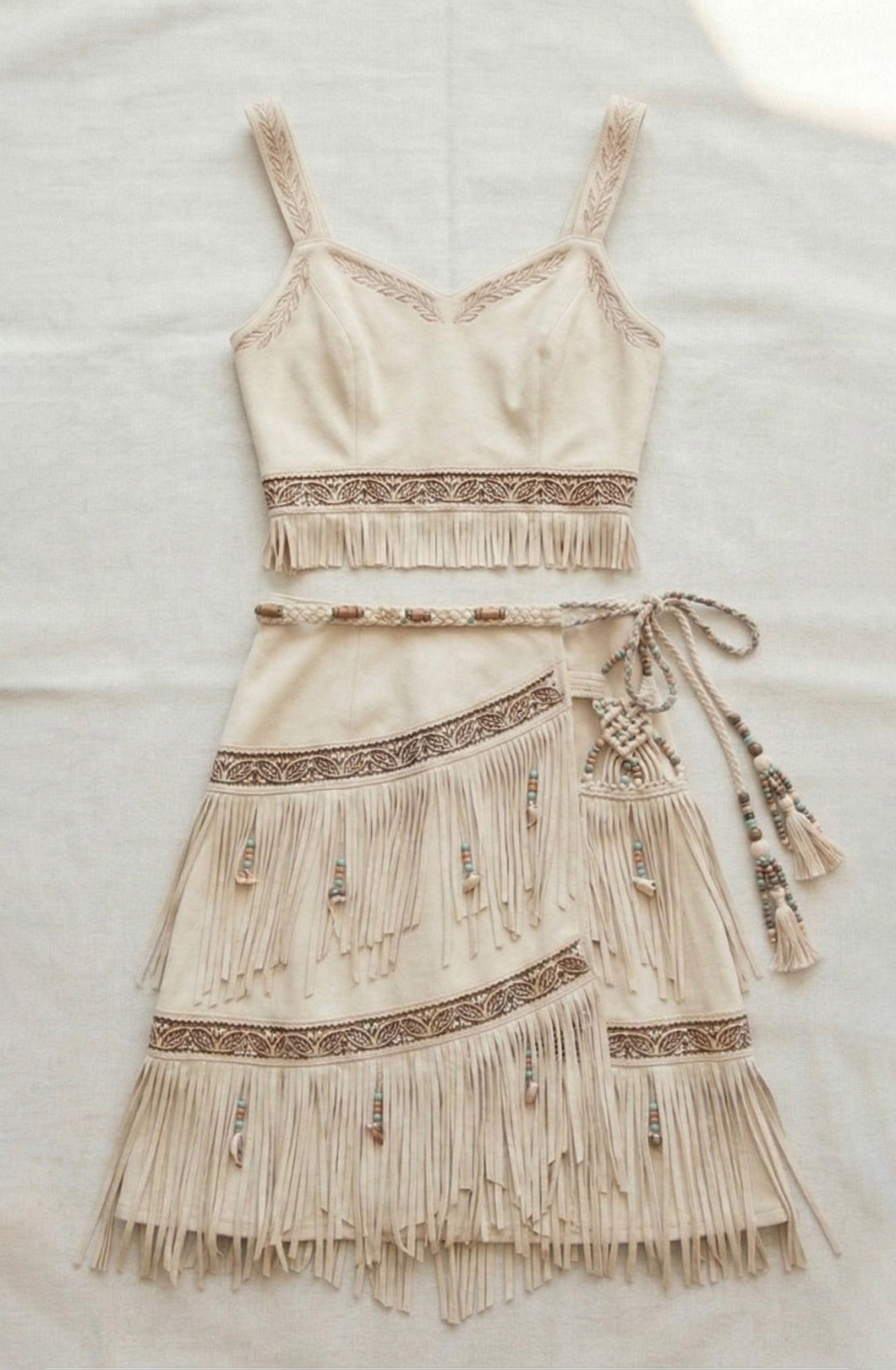 Boho Faux Suede Two-Piece Set: Tribal Embroidered Crop Top & Tiered Fringe Wrap Skirt