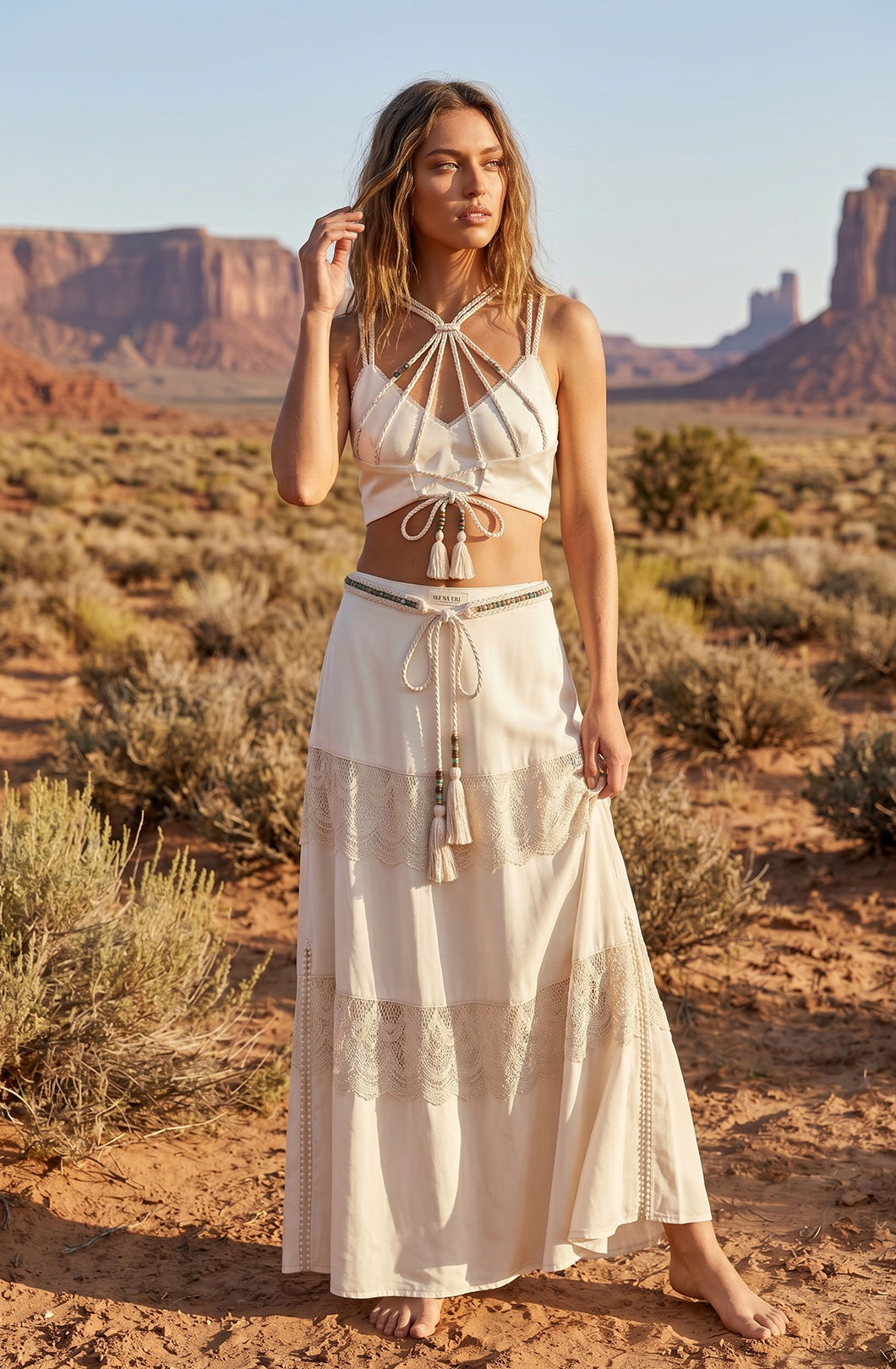 Boho Macrame Starburst Crop Top & Tiered Lace Patchwork Maxi Skirt Two-Piece Set
