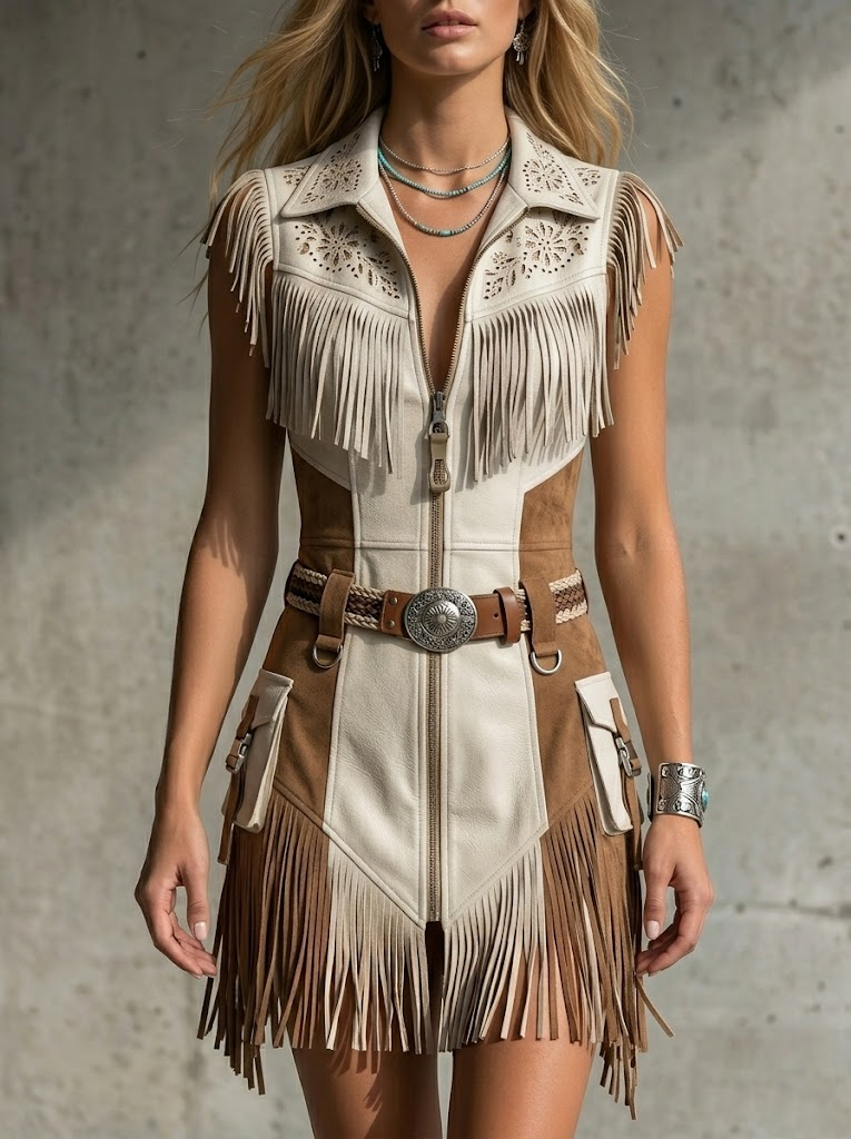 Elegant Western-Style Mid-Length Fringed Faux Suede Patchwork Dress
