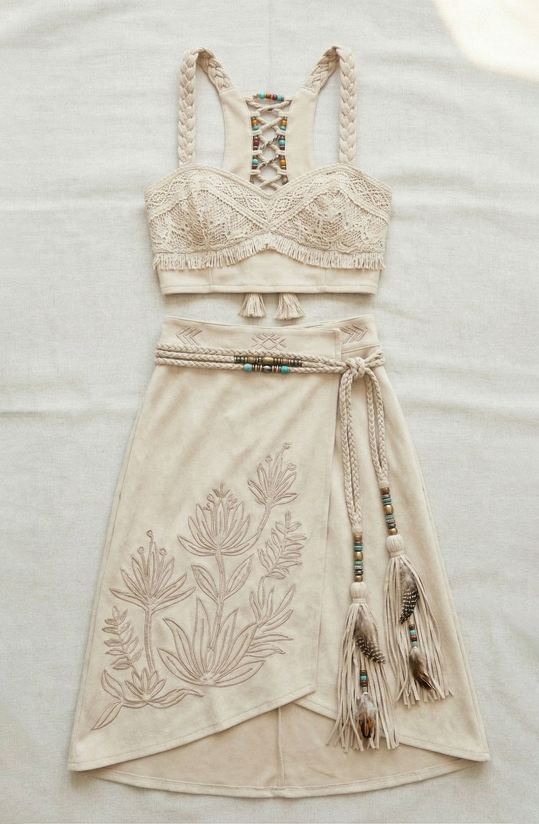 Boho Lace Patchwork Bustier Top & Embroidered Asymmetrical Wrap Skirt Two-Piece Set
