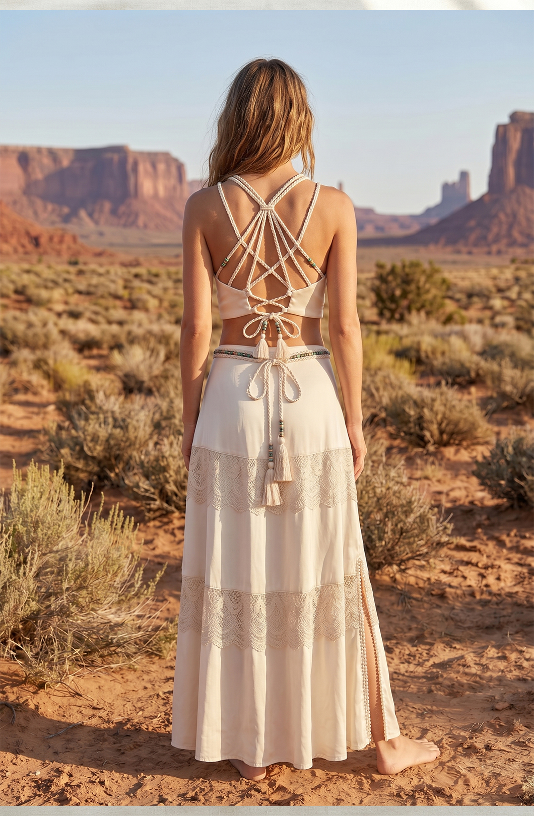 Boho Macrame Starburst Crop Top & Tiered Lace Patchwork Maxi Skirt Two-Piece Set