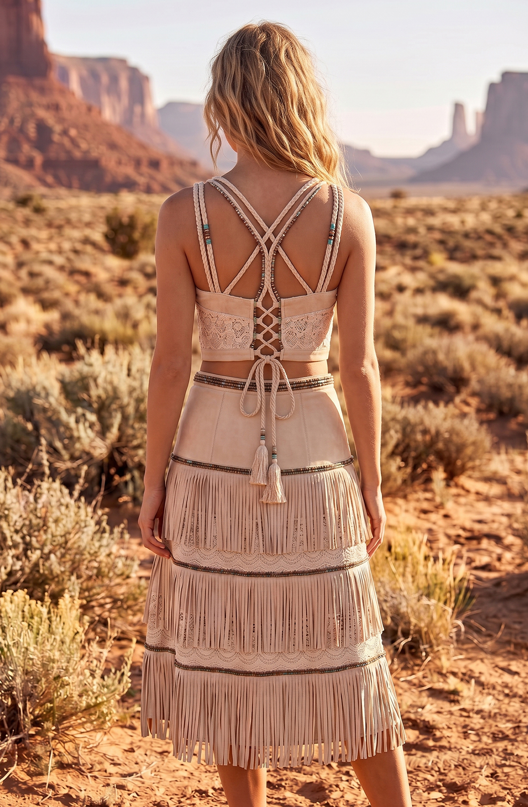 Boho Lace Patchwork Crop Top & Tiered Fringe Mini Skirt Two-Piece Set