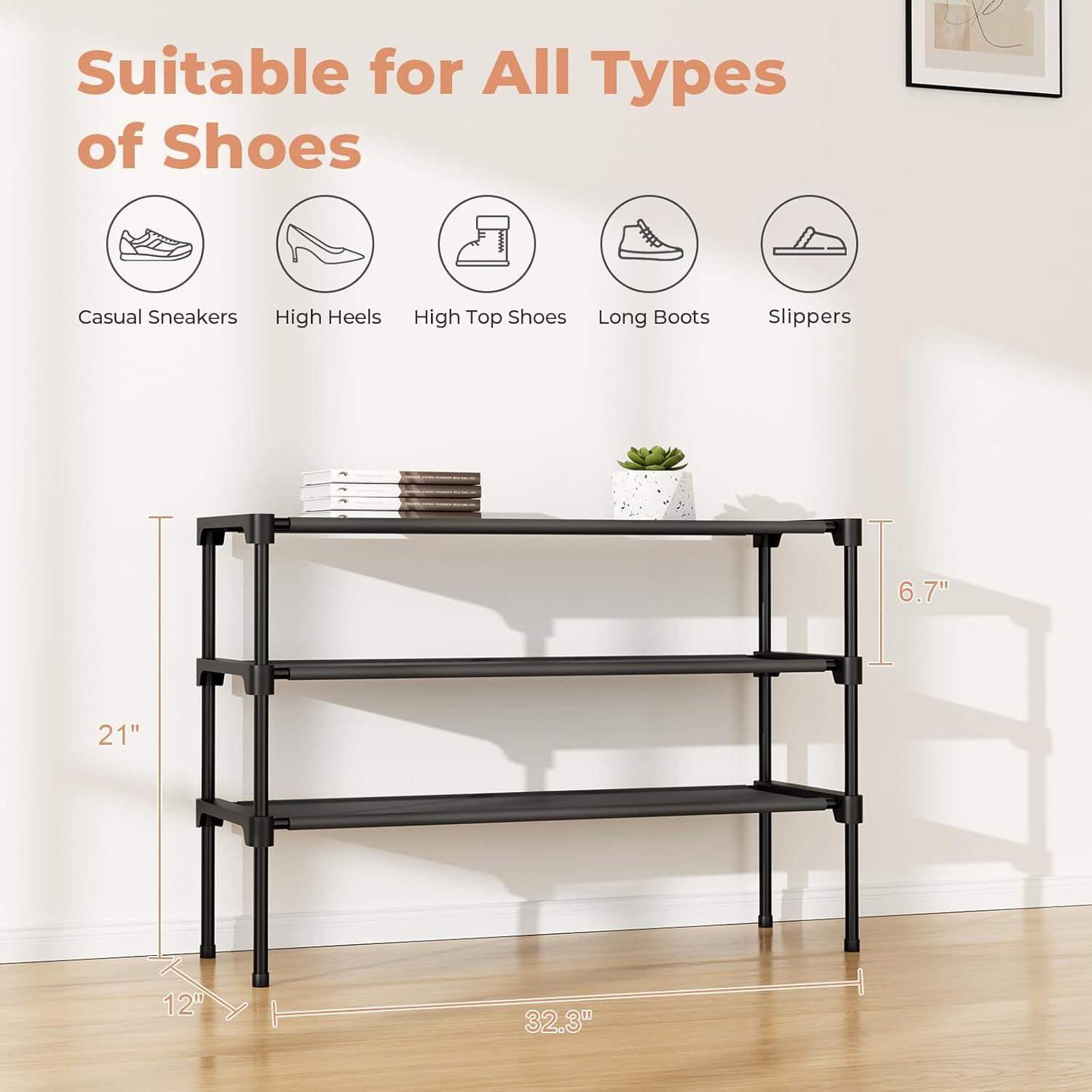 3 Tier Shoe Organizer Stackable Metal Shoe Shelf for Entryway