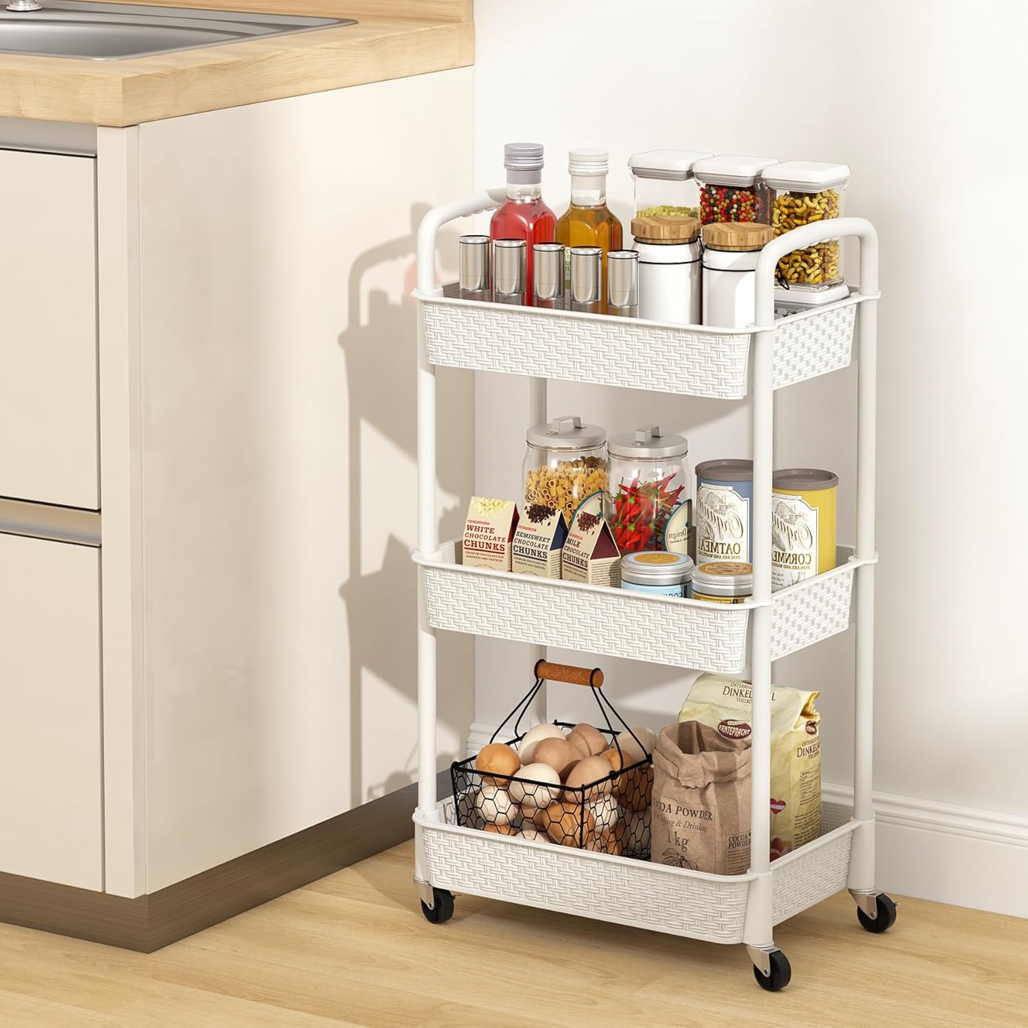 3-Tier Plastic Rolling Utility Cart with Handle