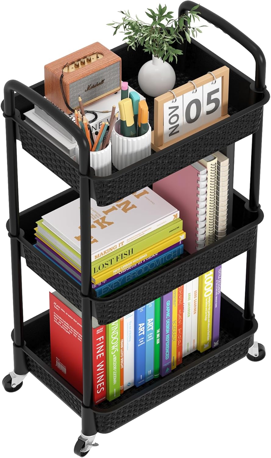 3-Tier Plastic Rolling Utility Cart with Handle