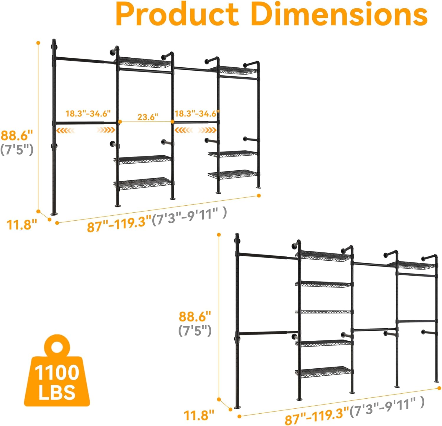 Industrial Pipe Clothing Rack Wall Mounted Closet System Expandable Clothes Rack for Hanging Clothes