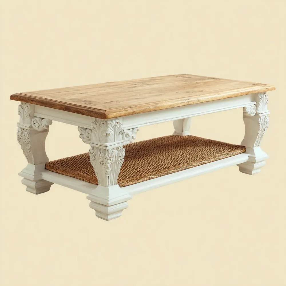 Mesa de Centro de Madera y Mimbre 120x60x45 cm - Blanco/Natural - Estilo Clásico