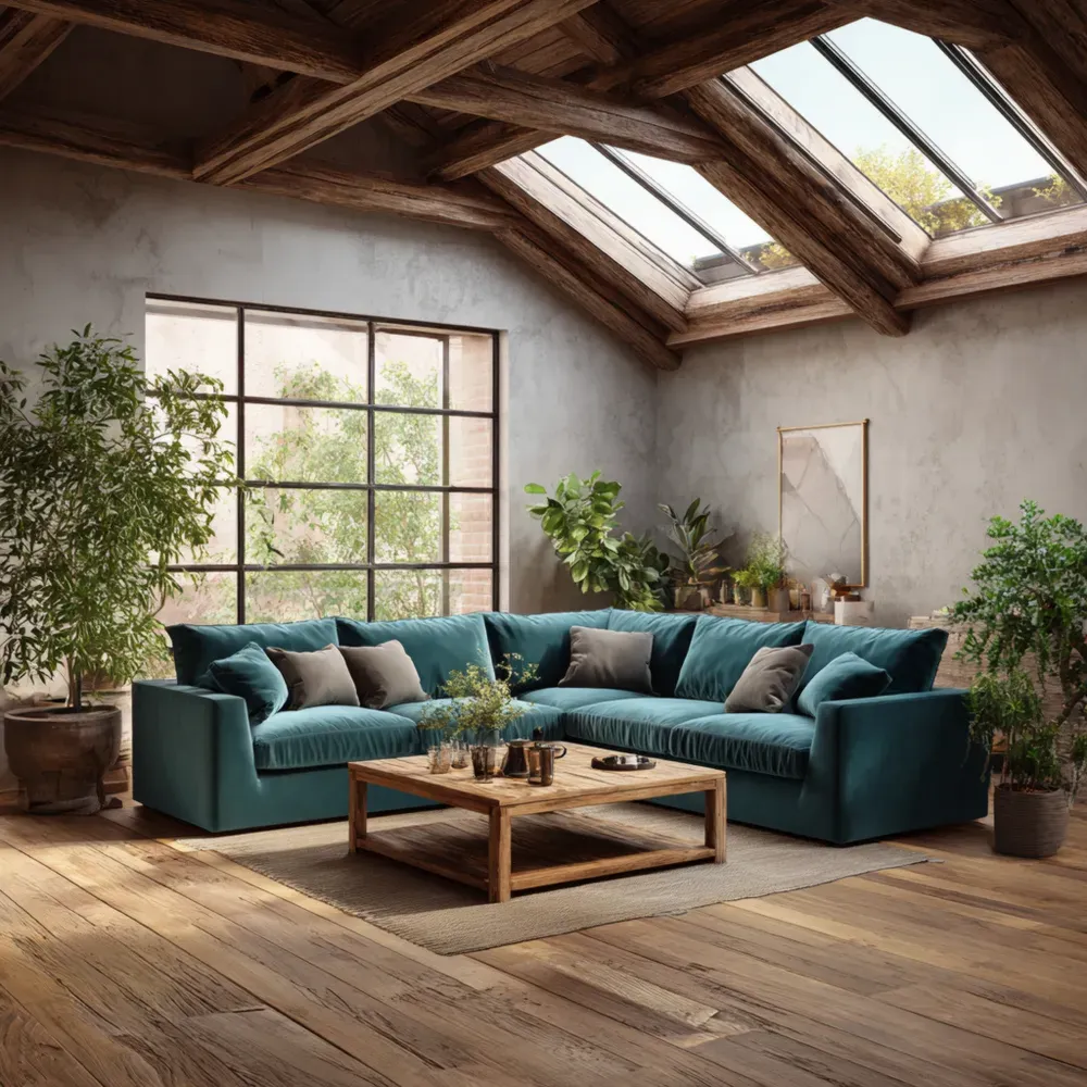 Sofá seccional tapizado en terciopelo 300x95x85 cm – Azul Turquesa