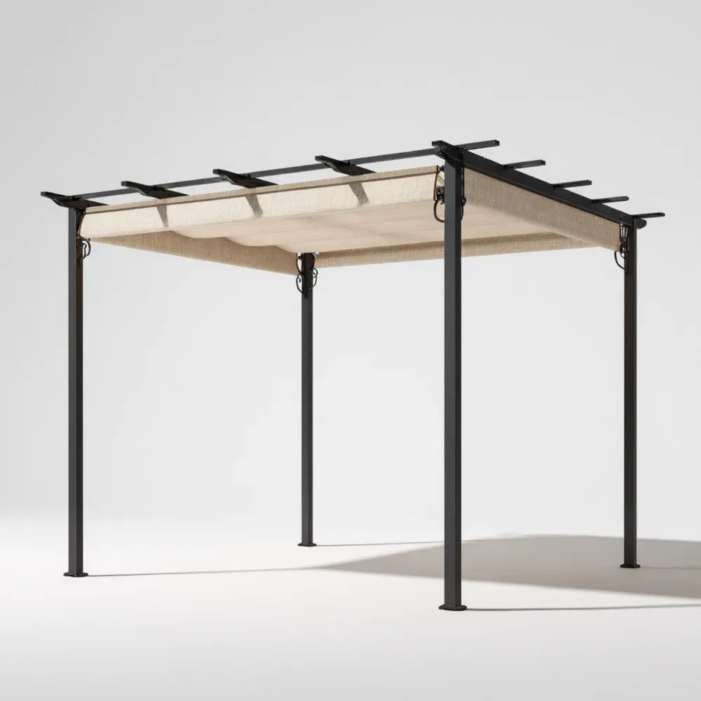 Pérgola de Metal 3x3x2.5 m - Negro/Beige - Tela Retráctil