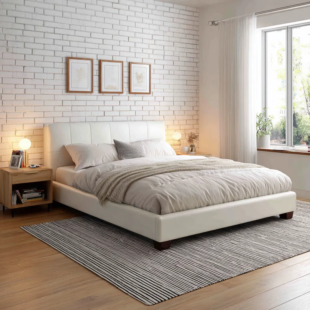 Cama Doble Tapizada 200x160x40 cm – Blanco – Diseño Moderno