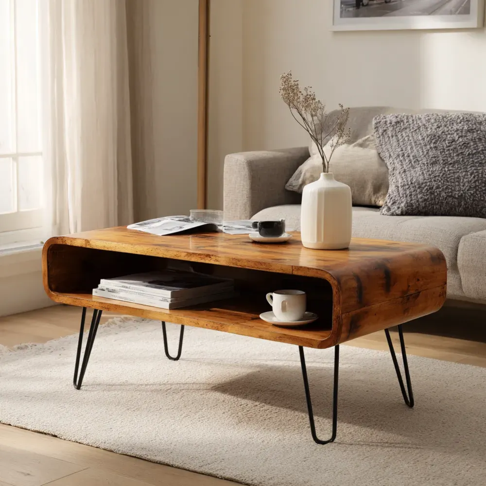 Mesa de Centro de Madera Maciza 110x50x40 cm - Marrón/Negro - Diseño Rústico