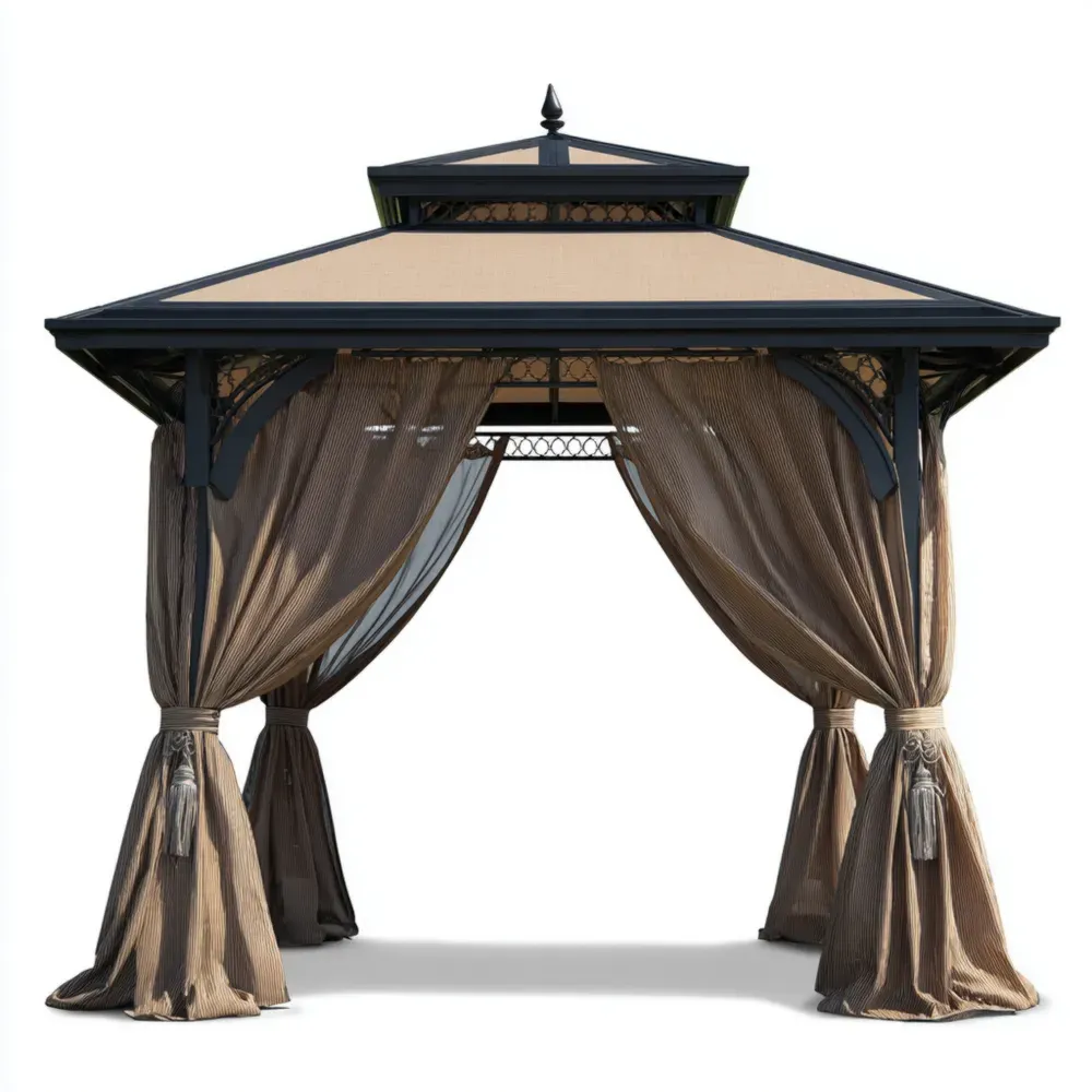 Cenador de Metal 3x3x2.7 m con Cortinas - Negro/Beige - Diseño Clásico