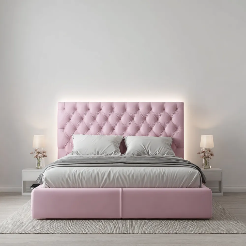 Cama Doble Tapizada de Terciopelo 200x160x120 cm - Rosa - Diseño Moderno