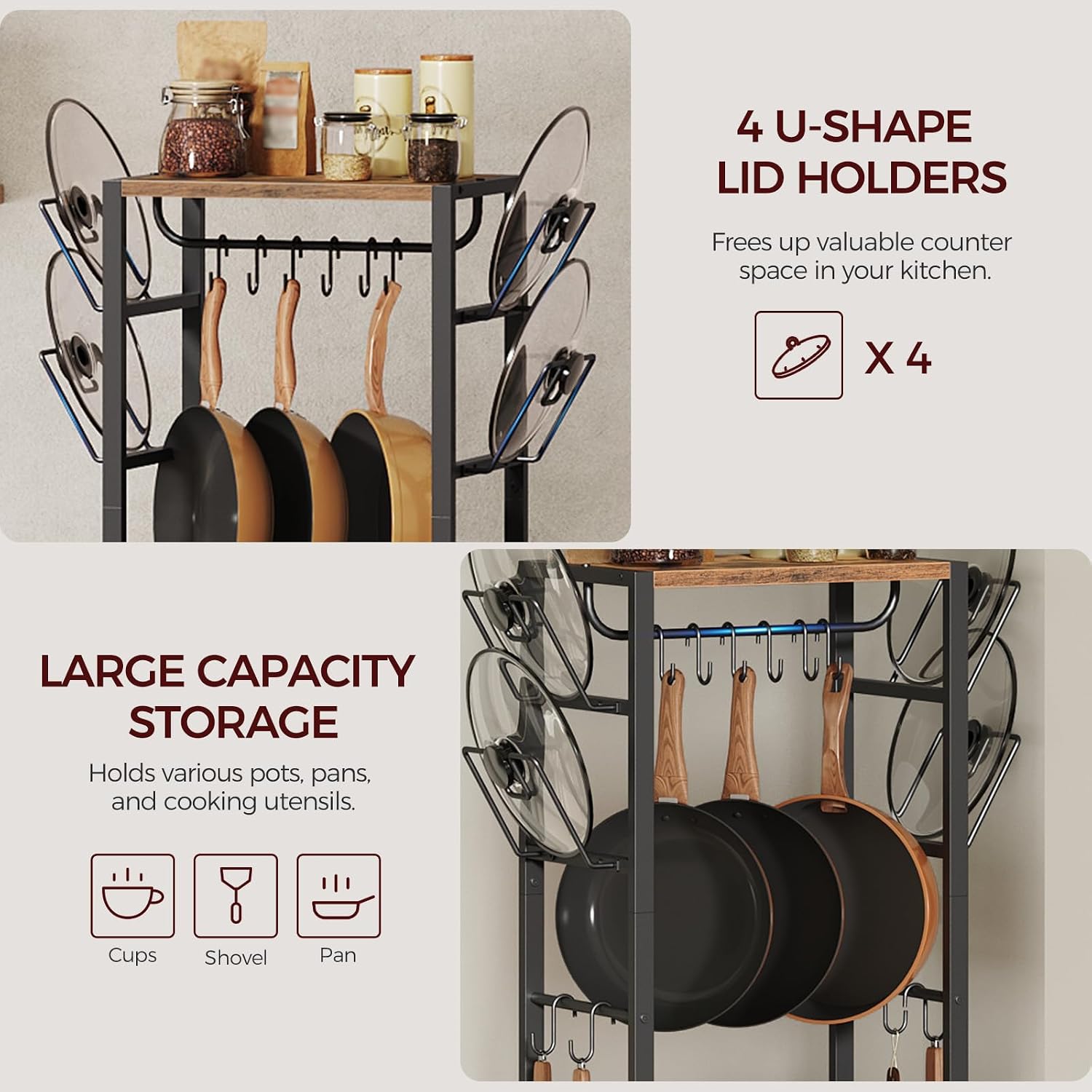4-Tier Pot Rack, Pots and Pans Organizer for Kitchen Corner, Kitchen Storage Rack with U-Shaped Lid Holders