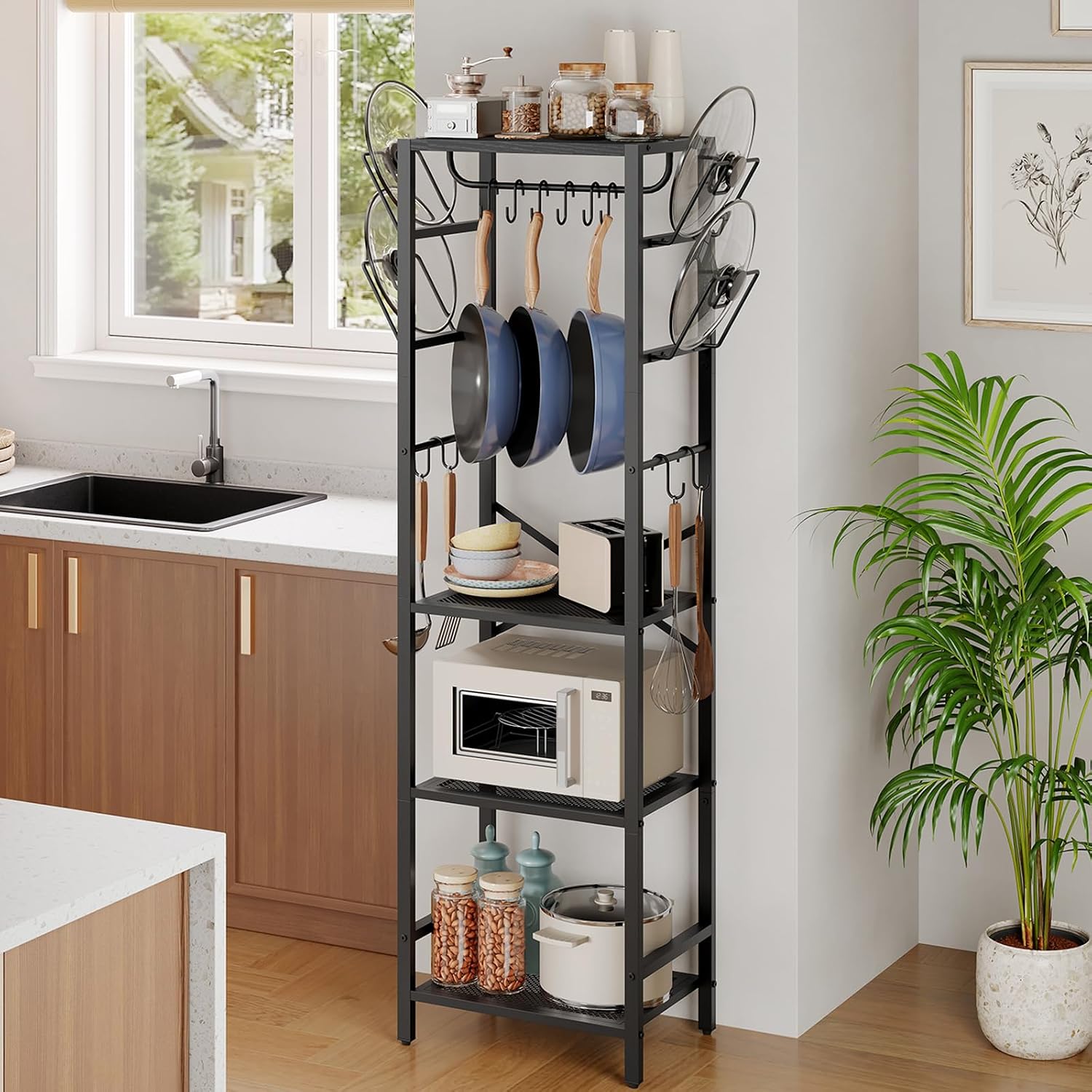 4-Tier Pot Rack, Pots and Pans Organizer for Kitchen Corner, Kitchen Storage Rack with U-Shaped Lid Holders