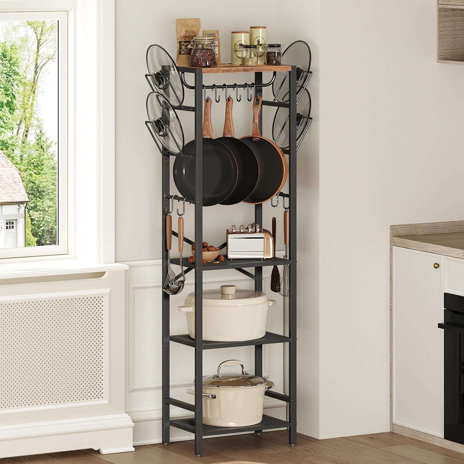 4-Tier Pot Rack, Pots and Pans Organizer for Kitchen Corner, Kitchen Storage Rack with U-Shaped Lid Holders