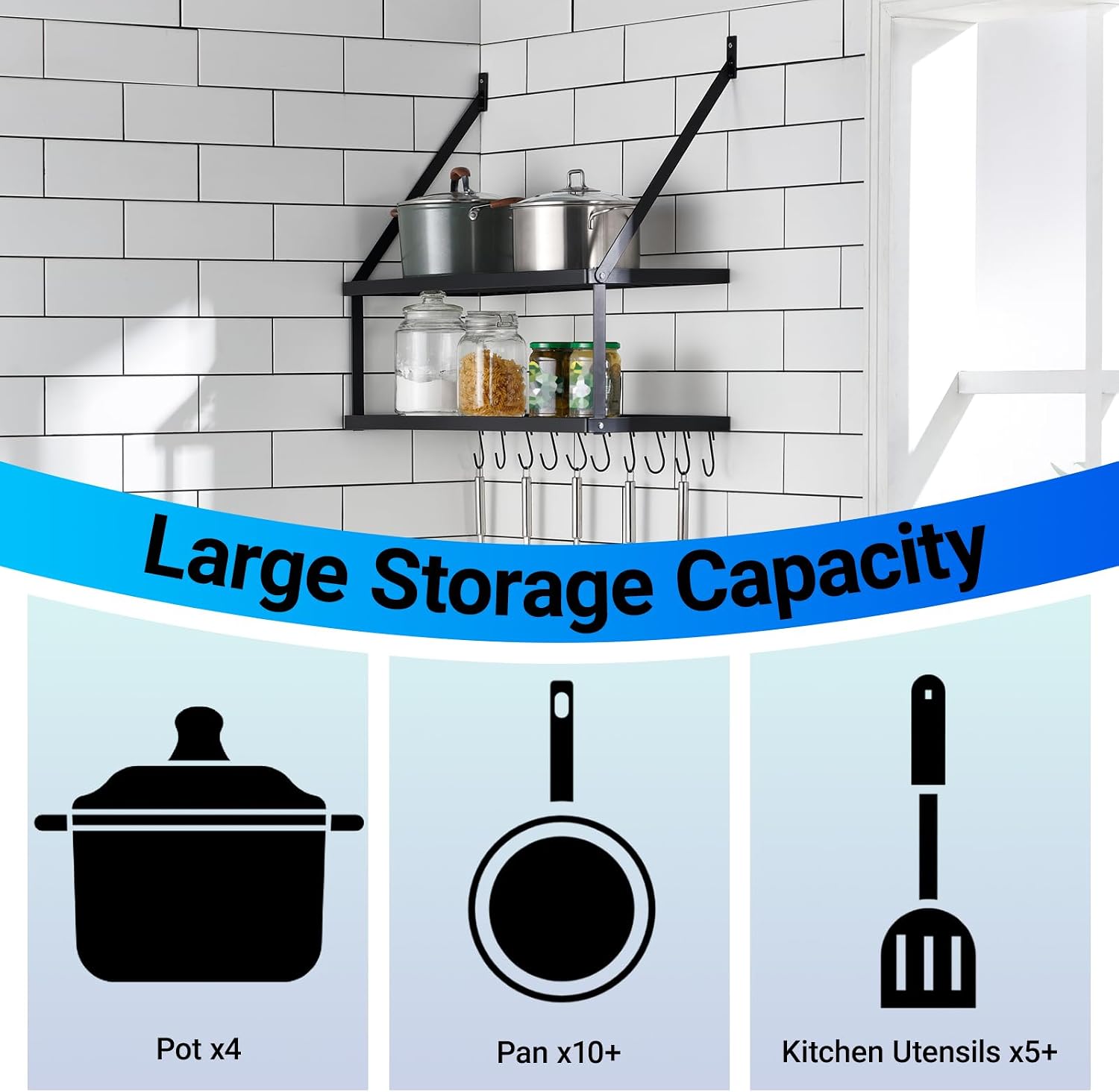 30-Inch Kitchen Pot Rack with 15 Hooks, Wall Mounted Hanging Rack for Storage Organizer