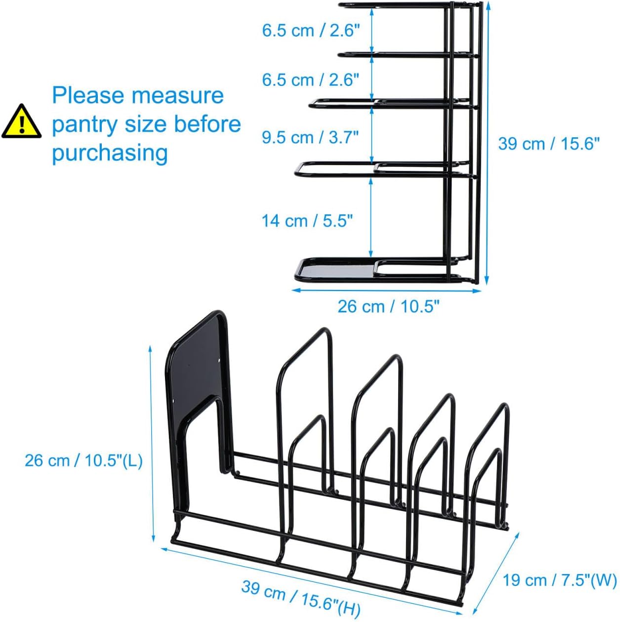 Heavy Duty Pan Organizer, 5 Tier Pot and Pan Organizer Rack for Cast Iron Skillets, Griddles and Pots