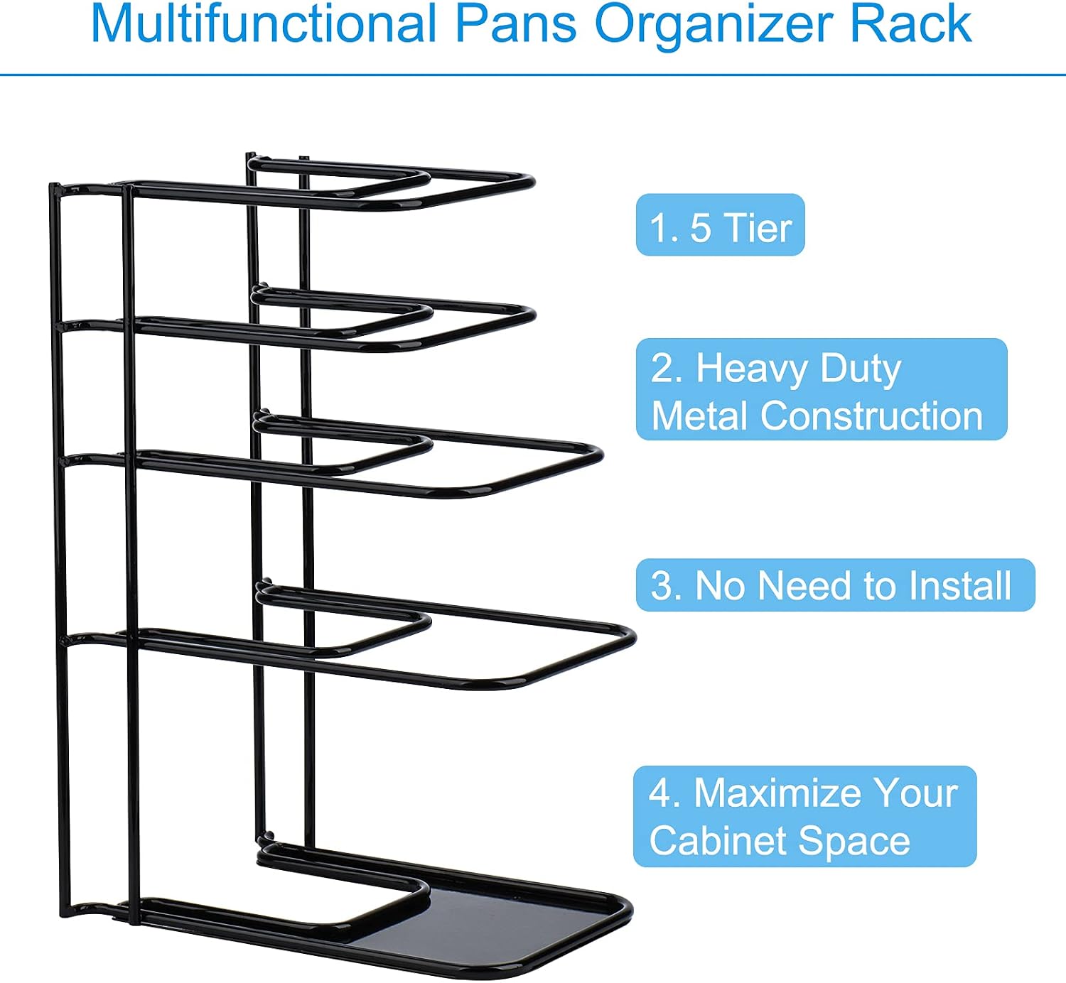 Heavy Duty Pan Organizer, 5 Tier Pot and Pan Organizer Rack for Cast Iron Skillets, Griddles and Pots