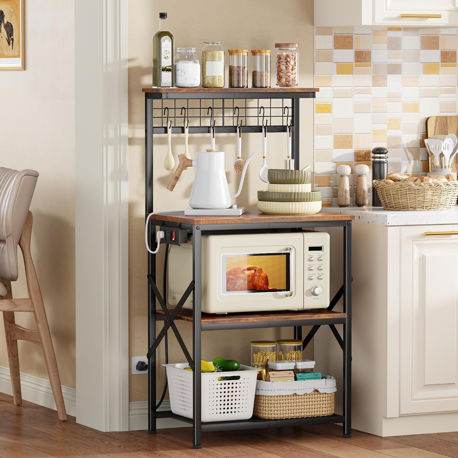 Kitchen Bakers Rack with Power Outlet, Microwave Oven Stand with Storage 4 Tiers