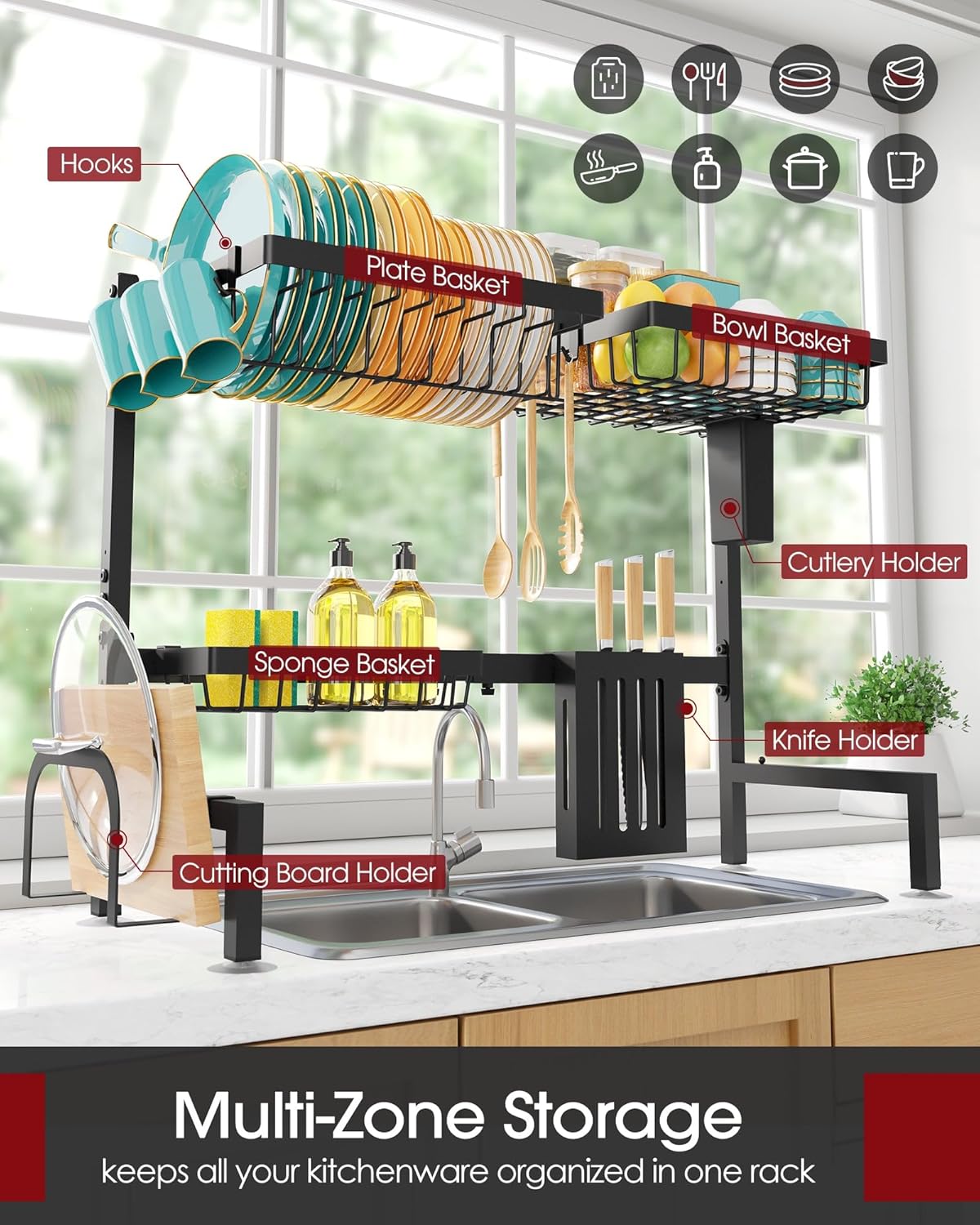 The Sink Dish Drying Rack - Adjustable 2 Tier Large Capacity Stainless Steel Drainer with Cutlery & Utensil Holders, Kitchen Storage & Organization