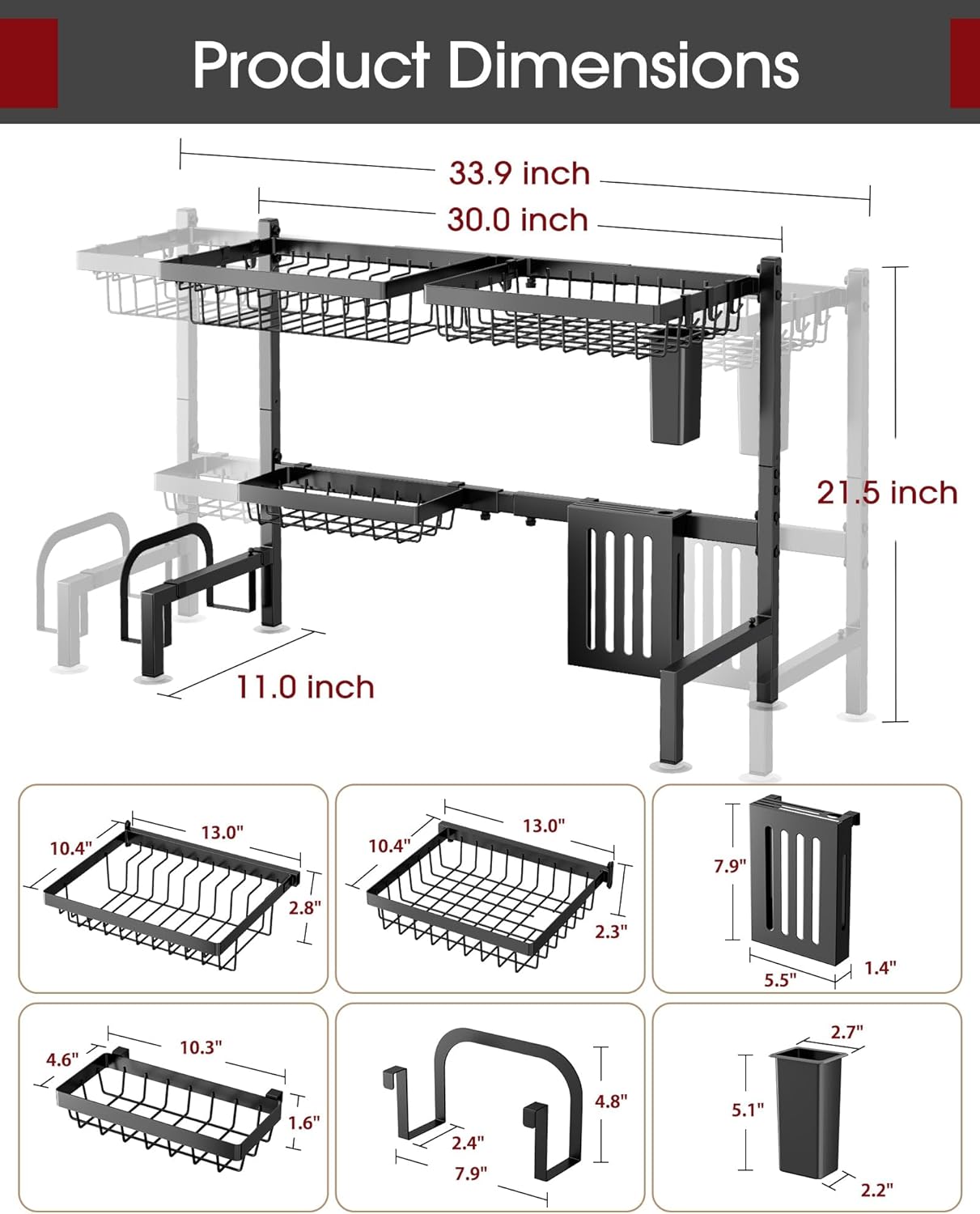 The Sink Dish Drying Rack - Adjustable 2 Tier Large Capacity Stainless Steel Drainer with Cutlery & Utensil Holders, Kitchen Storage & Organization